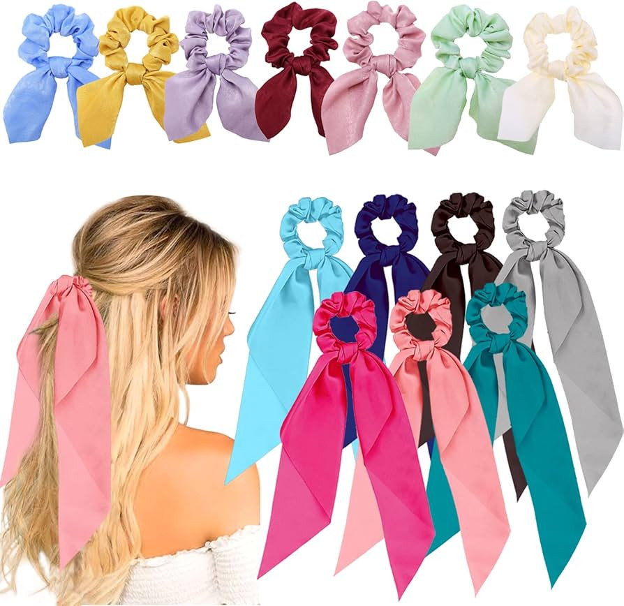 14 Pieces Hair Scarf Scrunchies, Bow Hair Ties, Satin Scrunchies with Bow Hair Ribbon Ponytail Ho... | Amazon (US)