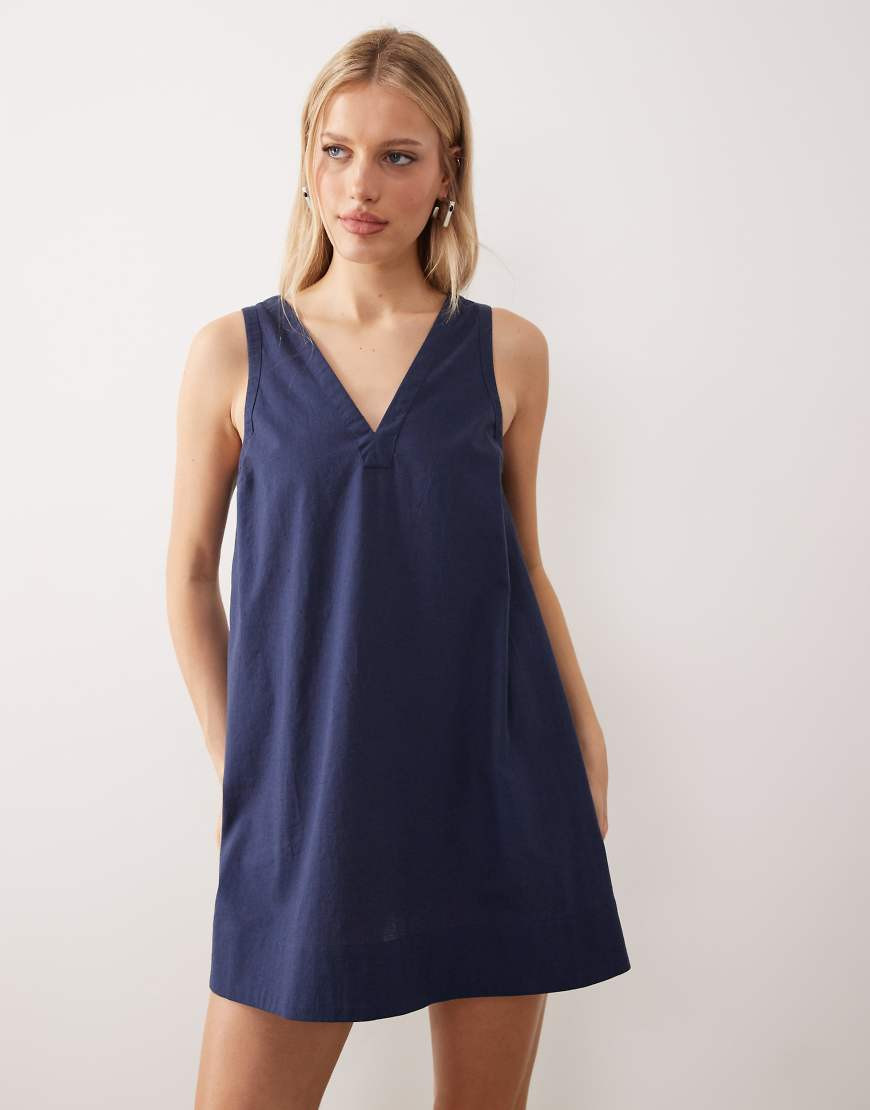 ASOS DESIGN cotton linen v neck smock mini dress in navy - NAVY | ASOS (Global)