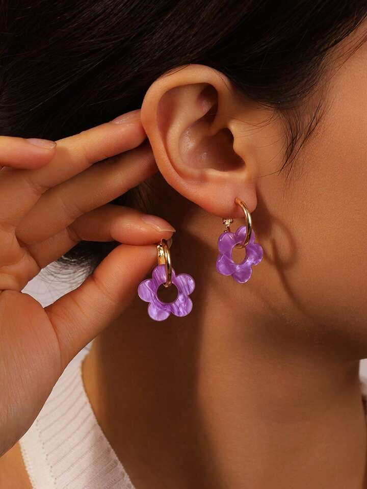 1 paar minimalistische luxe acryl paarse holle bloemen oorbellen, geschikt voor vrouwen, dagelijk... | SHEIN