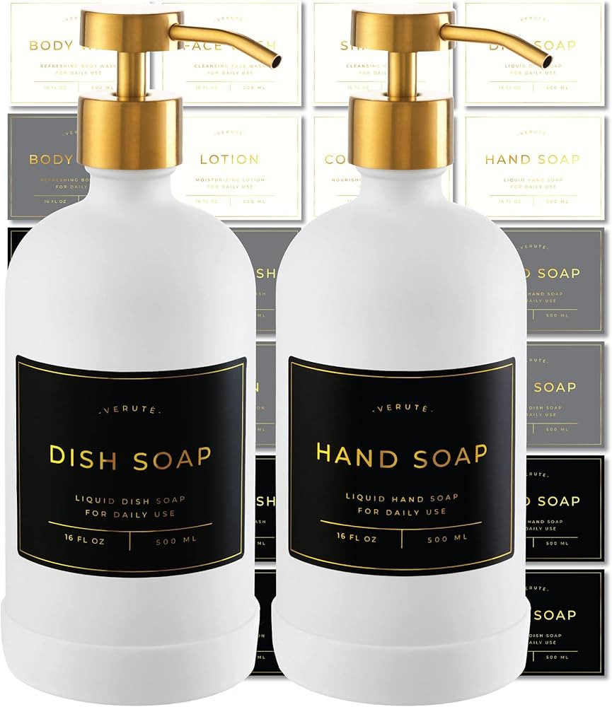 16oz Glass Soap Dispenser with Stainless Steel Pump, 21 Waterproof Labels, Non-Slip Protective Si... | Amazon (US)
