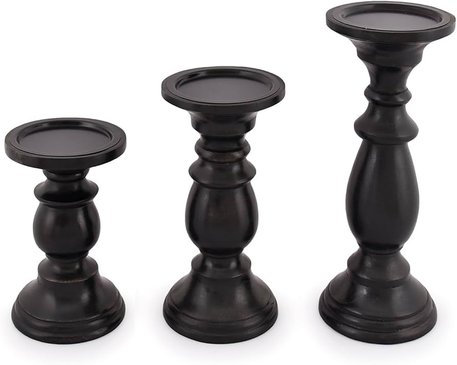 Set of 3 Farmhouse Mango Wood Candle Holders, in Black Finish for Table Centerpiece Candle for An... | Amazon (US)