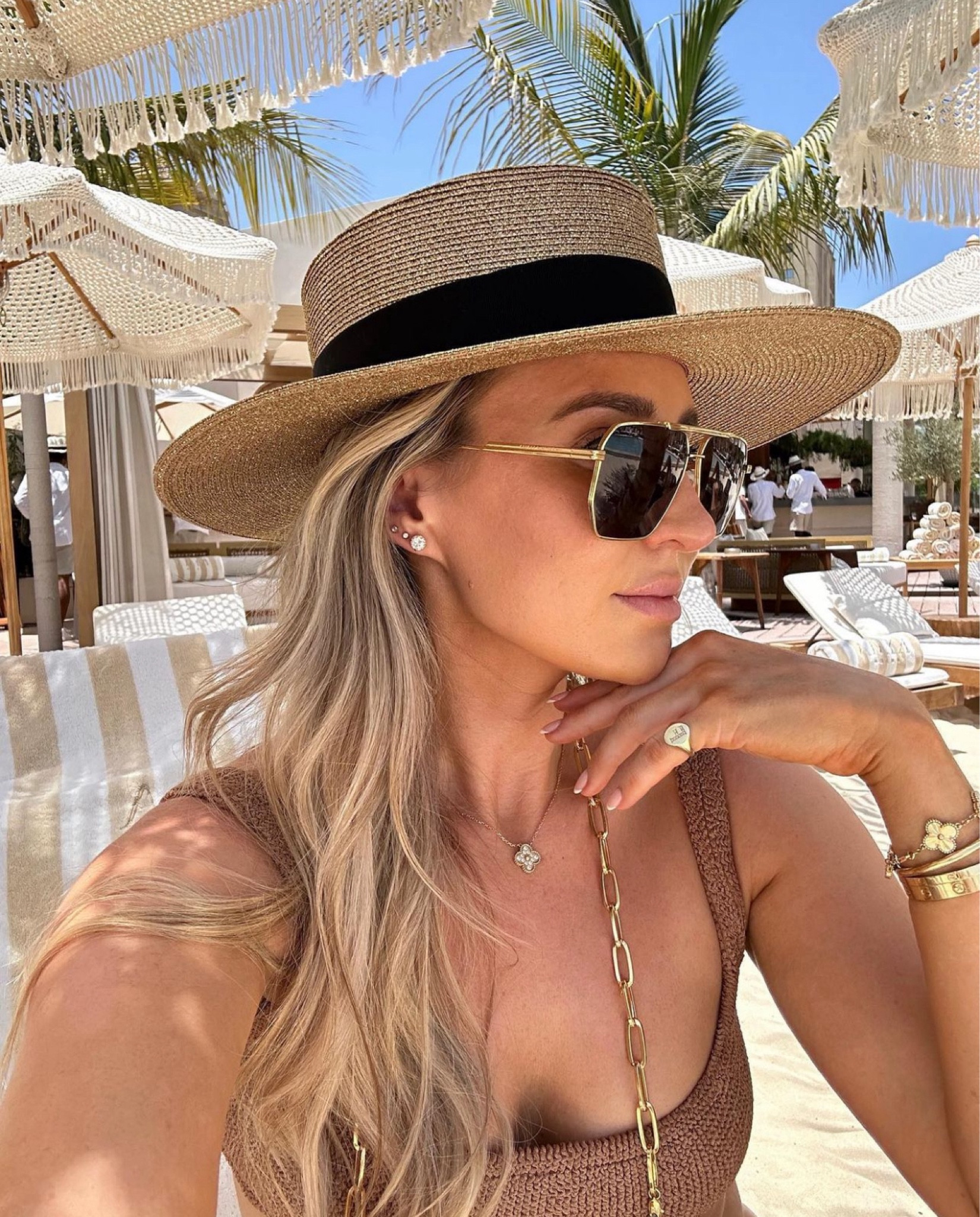 Golden glow ☀️ 😎 gold accessories, Hunza G gold swimsuit, perfect beach club holiday look

#LTKsummer #LTKluxury #LTKeurope