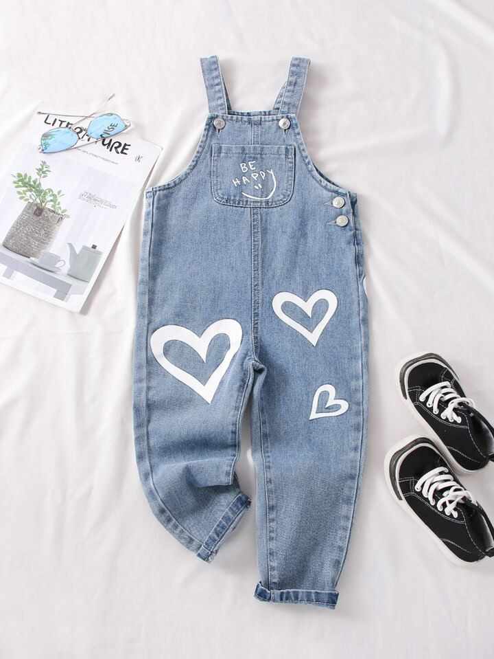 meninas da criança Macacão jeans imagem de coração e slogan | SHEIN