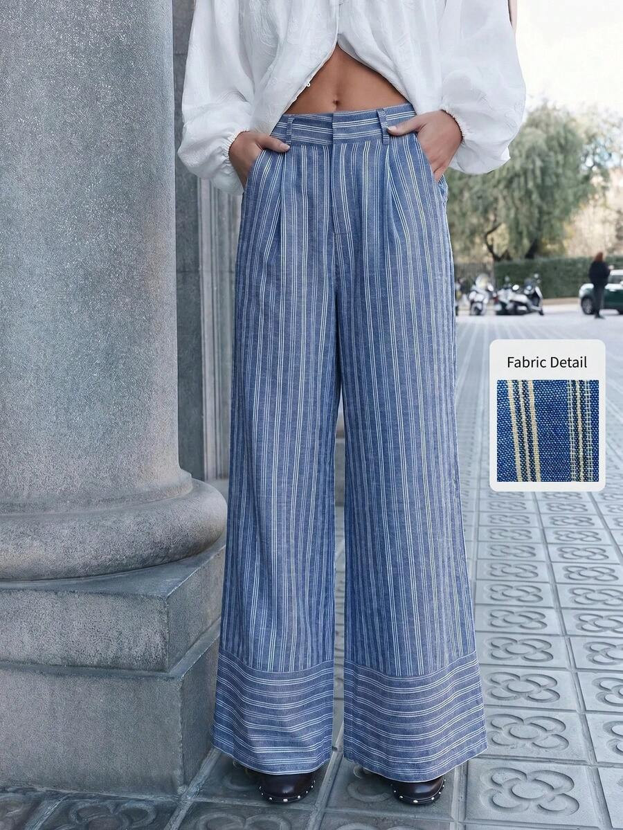 Nöista Blue Striped Mid-Rise Pants With Relaxed Straight Fit. Summer, Fall, Resort, Travel, Casu... | SHEIN