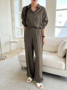 DAZY Solid Drop Shoulder Shirt & Wide Leg Pants
   SKU: sw2208172578140296      
          (2 Rev... | SHEIN