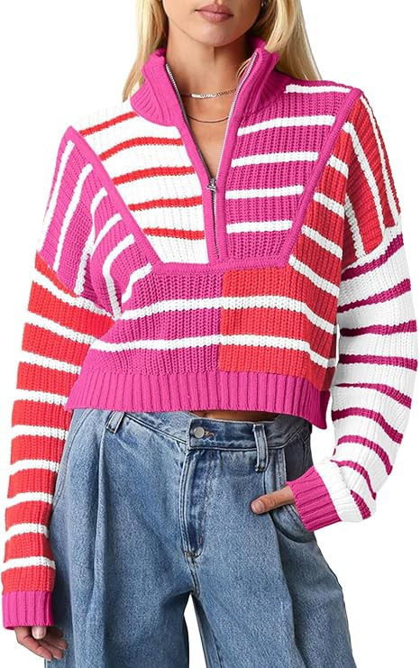 Saodimallsu Womens Striped Cropped Sweater Color Block Zip Up Long Sleeve Mock Neck Loose Pullove... | Amazon (US)