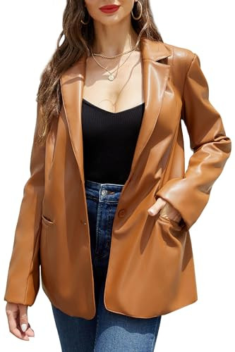 RISISSIDA Women Faux Leather Blazer Jacket Plus Size Oversized Brown 21002 3X-L | Amazon (US)