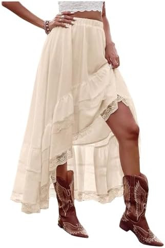 SHENHE Women's Boho Maxi Skirt High Low Asymmetrical Lace Ruffle Hem Skirt | Amazon (US)