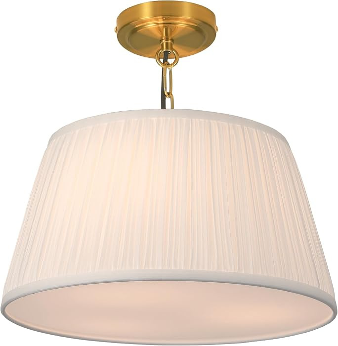 Electro bp; 15”Dia White Pleated Fabric Drum Shade Ceiling Light Fixture Farmhouse Brocade Line... | Amazon (US)