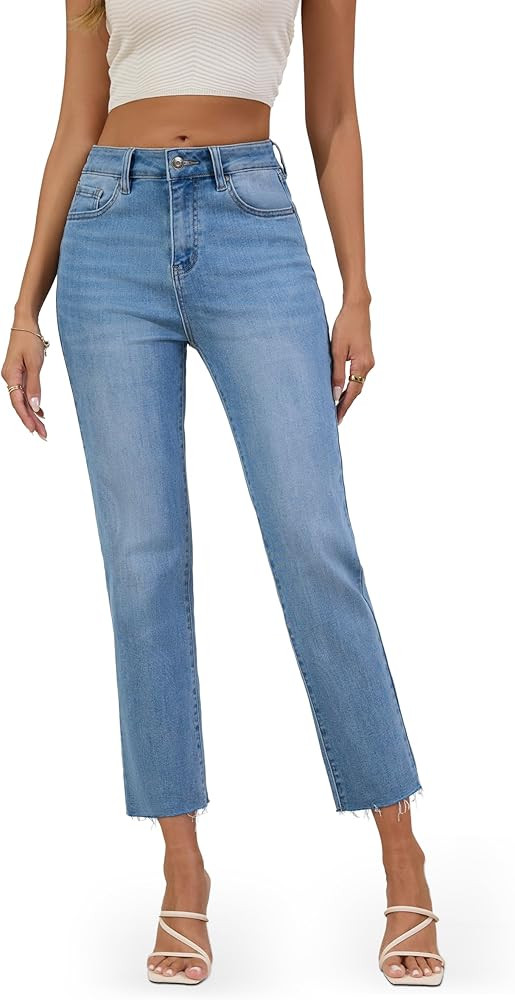 FLYING BANANA Women's High Waisted Straight Slim Ankle Stretch Denim Trendy Jeans | Amazon (US)
