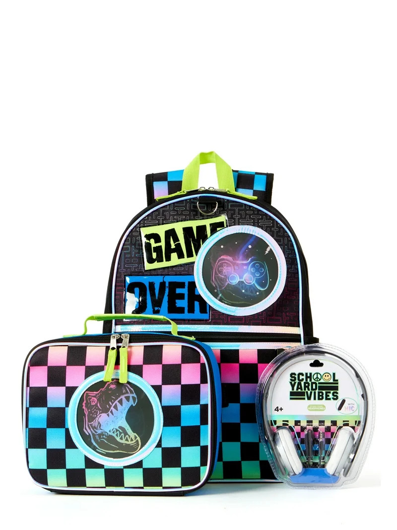 Schoolyard Vibes Dinosaur Boys 16" 3 Piece Headphone with Lunch Backpack Set, Black Multi-Color | Walmart (US)