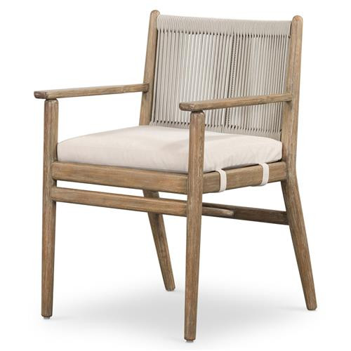 Rose Coastal Off White Upholstered Seat Woven Rope Wood Outdoor Dining Arm Chair | Kathy Kuo Home