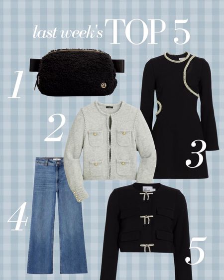Last Weeks Top 5 best sellers! The everywhere fleece lululemon bag, a J. Crew cardigan perfect for fall, a chic black mini dress for holiday, under $60 Mango jeans and the cutest bow jacket

#LTKstyletip #LTKSeasonal #LTKunder100
