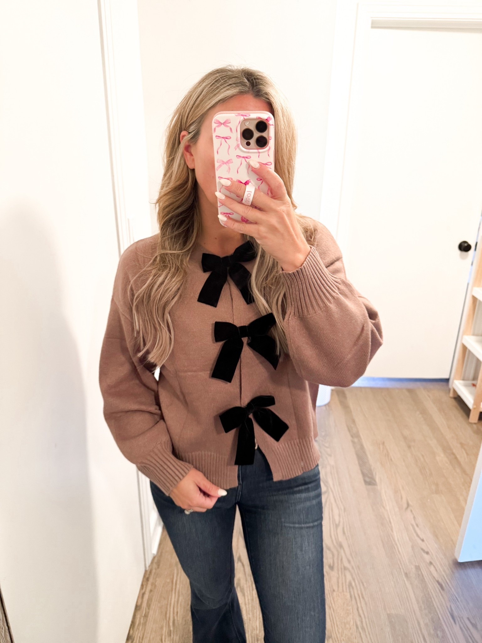 Bow sweater flat jeans boot cut brown boots booties Amazon 