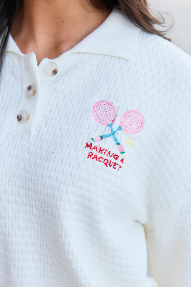 Making A Racquet Ivory Embroidered Pullover | Pink Lily