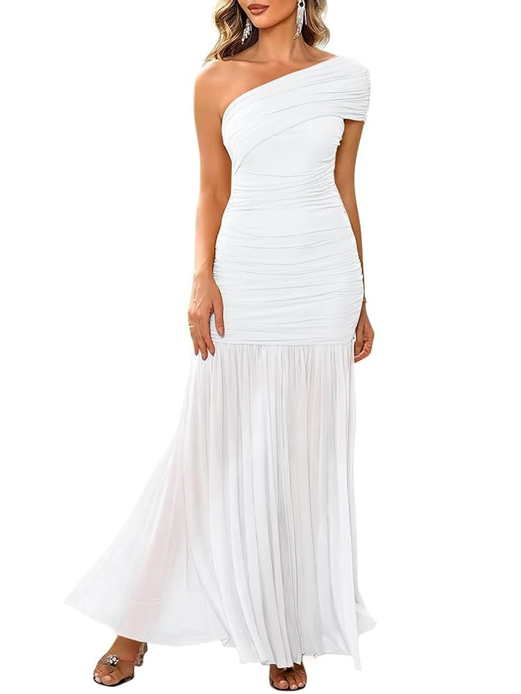 LAGSHIAN Women's Elegant Formal Long Dress One Shoulder Sleeveless Ruched Bodycon Evening Dress | Amazon (US)