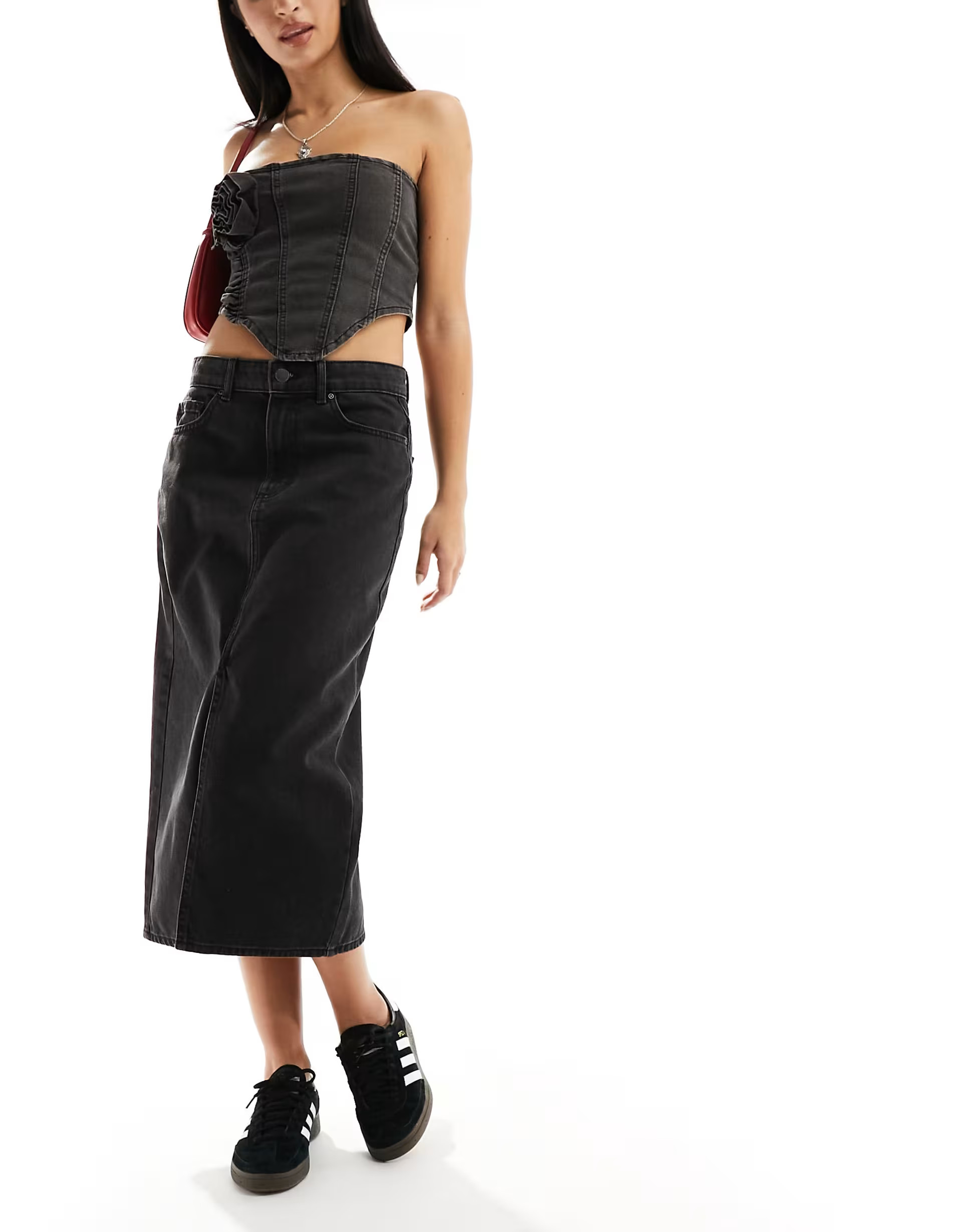 ONLY denim midi skirt with front split in washed black | ASOS (Global)