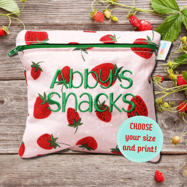 Personalized Reusable Snack Bag Strawberry on Pink Washable Food Safe Bag Summer Travel Snack Bag... | Etsy (US)