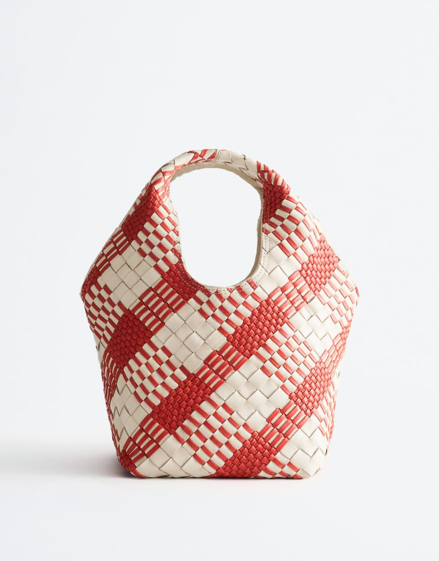 & Other Stories premium braided leather mini shopper bag in red and white check | ASOS (Global)