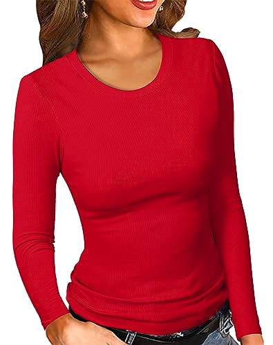 PALINDA Womne's Ribbed Round Neck Slim Fitted T Shirts Basic Solid Long Sleeve Layering Tee Tops | Amazon (US)