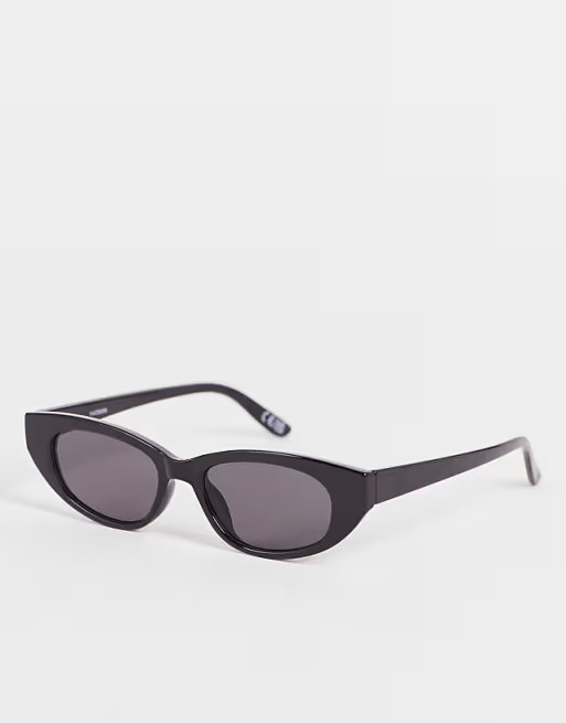 ASOS DESIGN angled slim cat eye sunglasses in shiny black - BLACK | ASOS (Global)