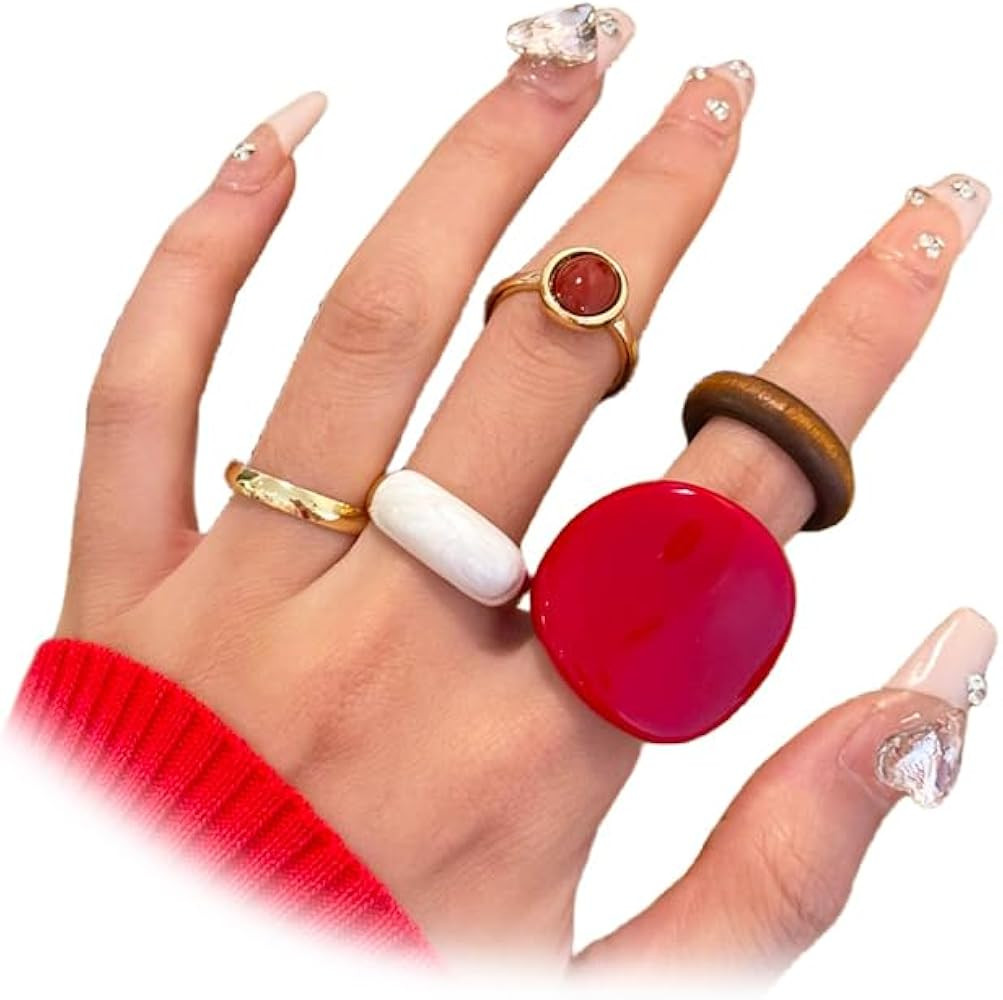 5Pcs Stackable Big Red Acrylic Knuckle Rings for Women Vintage Oversized Resin Plastic Finger Rin... | Amazon (US)