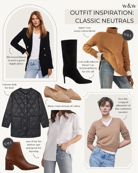 Super chic neutrals:
Tweed blazer 
Black boots
Oversized turtleneck
Quilted puffer 
Loafers
Cashmere sweater
Booties
White button up 

#LTKstyletip #LTKSeasonal