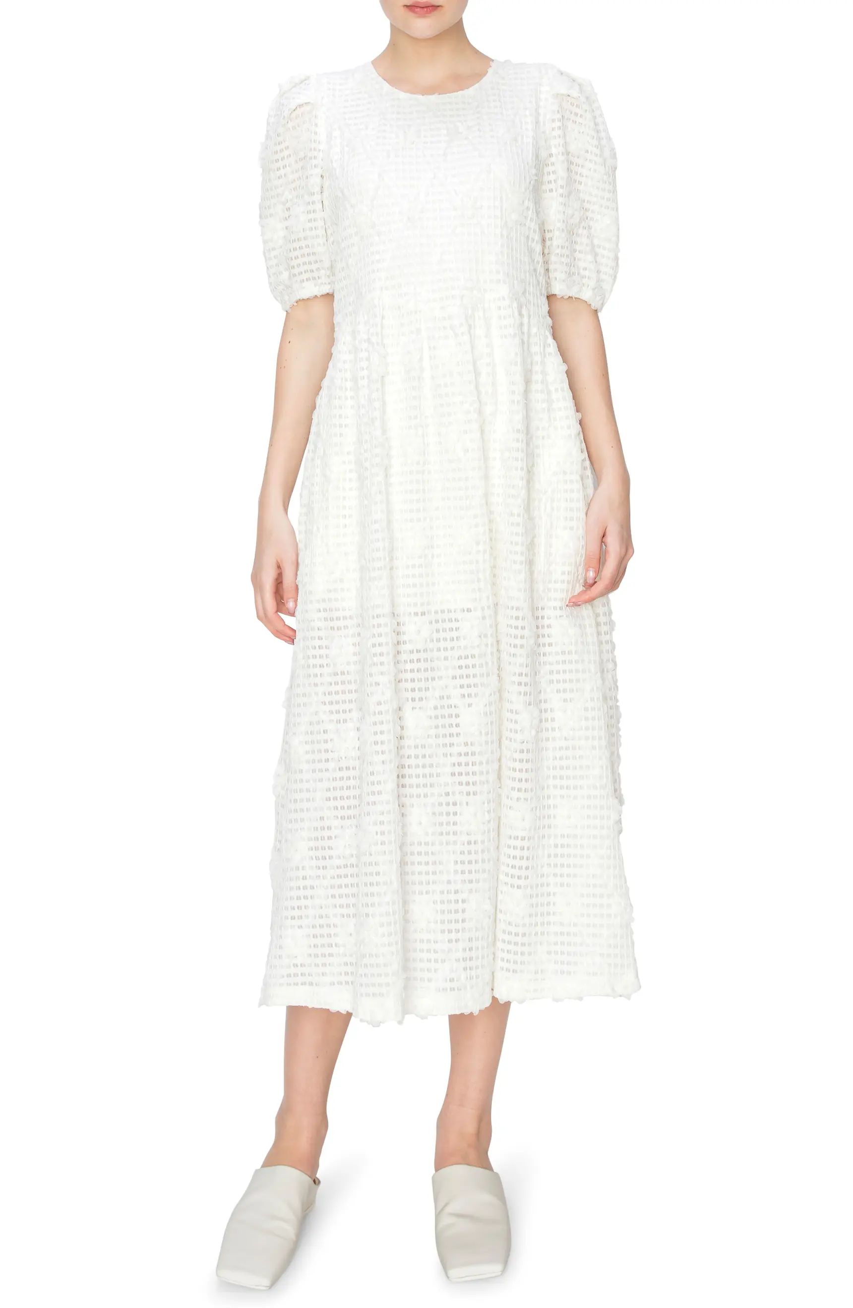 Textured Jacquard Puff Sleeve Midi Dress | Nordstrom