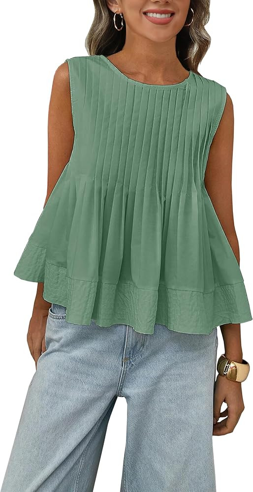 Womens Summer Pleated Peplum Sleeveless Blouse Tank Tops Round Neck Y2K Babydoll Blouse Shirt | Amazon (US)