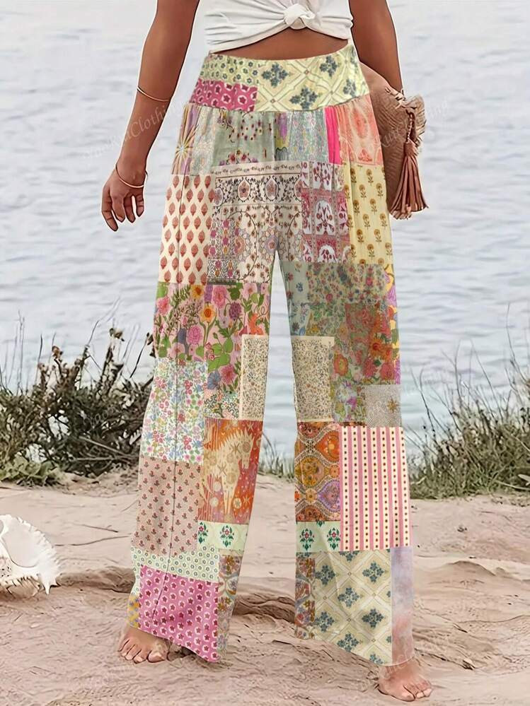 Women's Casual Floral Patchwork Loose Fit Pants, Autumn/Winter | SHEIN