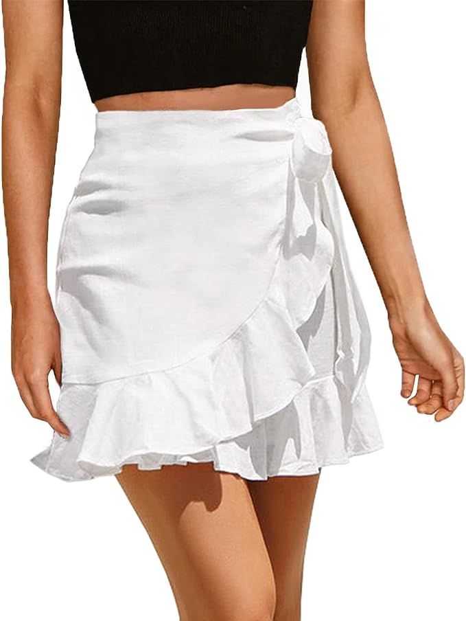 ChainJoy Womens High Waist Ruffle Hem Tie Wrap Skirt Summer Casual A Line Overlap Skirt | Amazon (US)