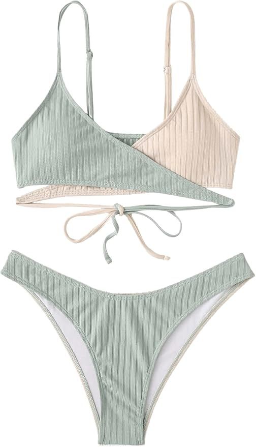 SweatyRocks Women's Color Block Bikini Set Wrap Front Two Piece Bathing Suit | Amazon (US)