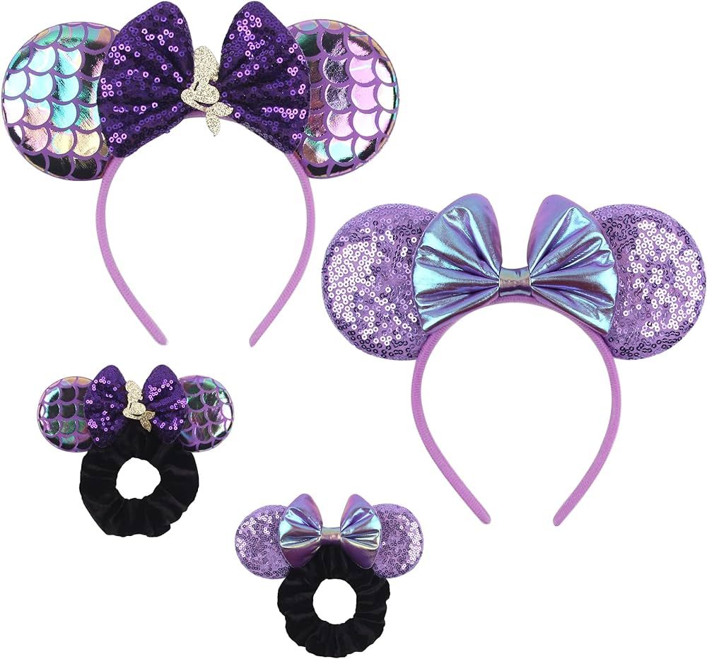 2 Pcs Shiny Mouse Ears Headband and 2 Pcs Sequin Mouse Ears Velvet Scrunchies with Bow Hairs Accessories for Girls Women Adult Kids Birthday Party (Mermaid Purple) | Amazon (US)