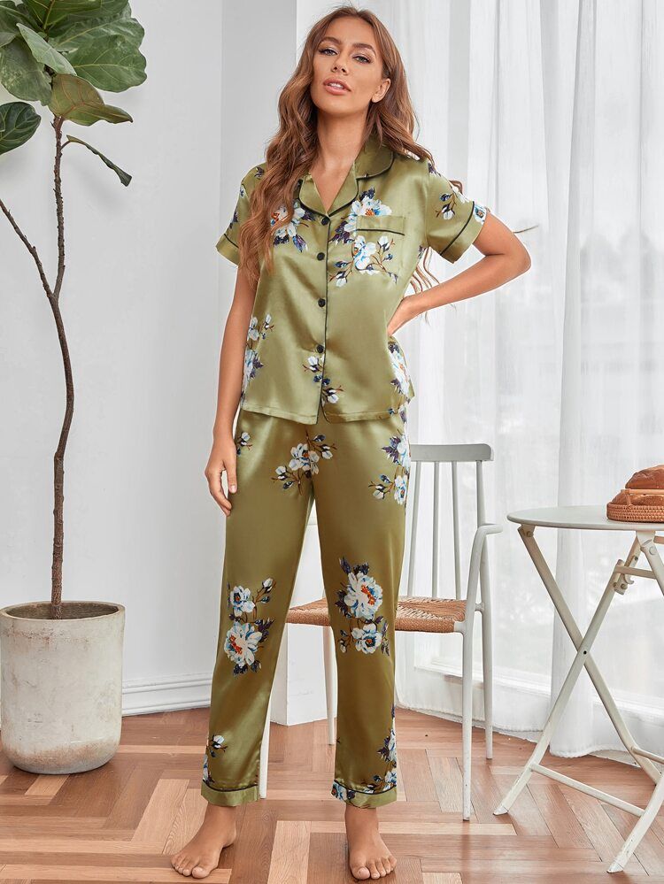 Floral Print Satin Top & Pants Night Set | SHEIN