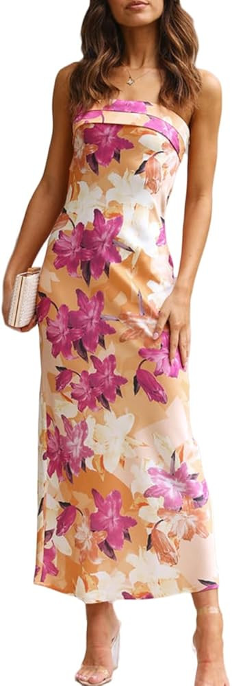 Satin Silk Backless Tube Tops Maxi Dress for Women Low Back Hollow Out Elegant Strapless Long Dre... | Amazon (US)