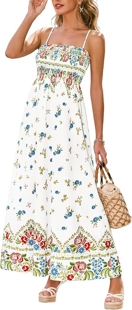 CUPSHE Women's Floral Maxi Dress Spaghetti Strap Summer Boho Beach Dress Smocked Sundress Casual ... | Amazon (US)