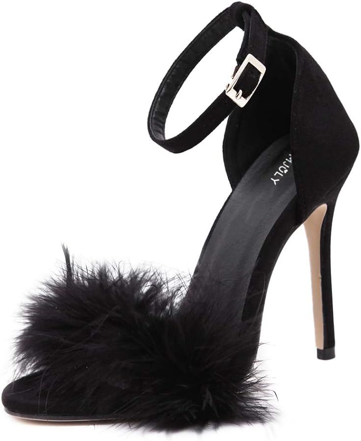 Women's Open Toe Ankle Strap Fluffy Feather Stiletto High Heel Dress Sandal | Amazon (US)