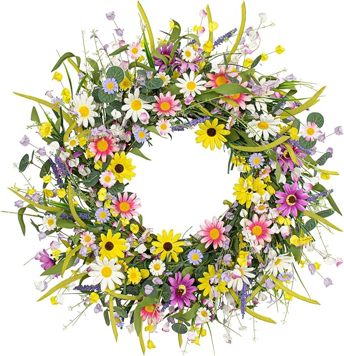22 Inches Spring Wreaths for Front Door Spring Flower Wreaths Summer Door Wreath Colorful Wildflo... | Amazon (US)