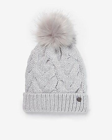 metallic cable knit pom beanie | Express