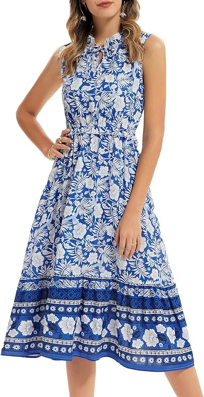 GRACE KARIN Women Summer Sleeveless Boho Floral Midi Dress Casual Tie Neck V-Neck A-Line Tiered F... | Amazon (US)