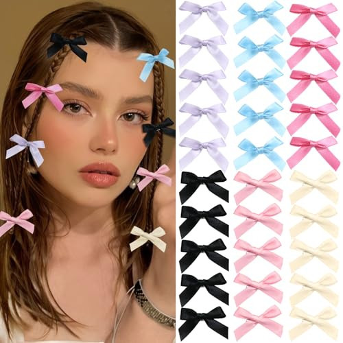 SAWINDA 30PCS Pink Satin Bow Hair Clips 6 Color Mini Bowknot Hair Ribbon Clips for Teens Cute Small Metal Y2k Claw Clips Hair Accessories for Women and Girls | Amazon (US)
