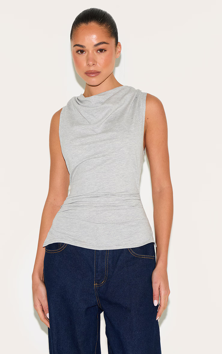 Grey Marl Cotton Ruched Waist Sleeveless Top | PrettyLittleThing US