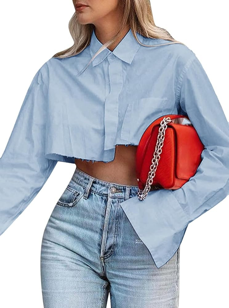 Women Cropped Button Down Shirt Asymmetric Hem Long Sleeve Collared Blouse Top | Amazon (US)