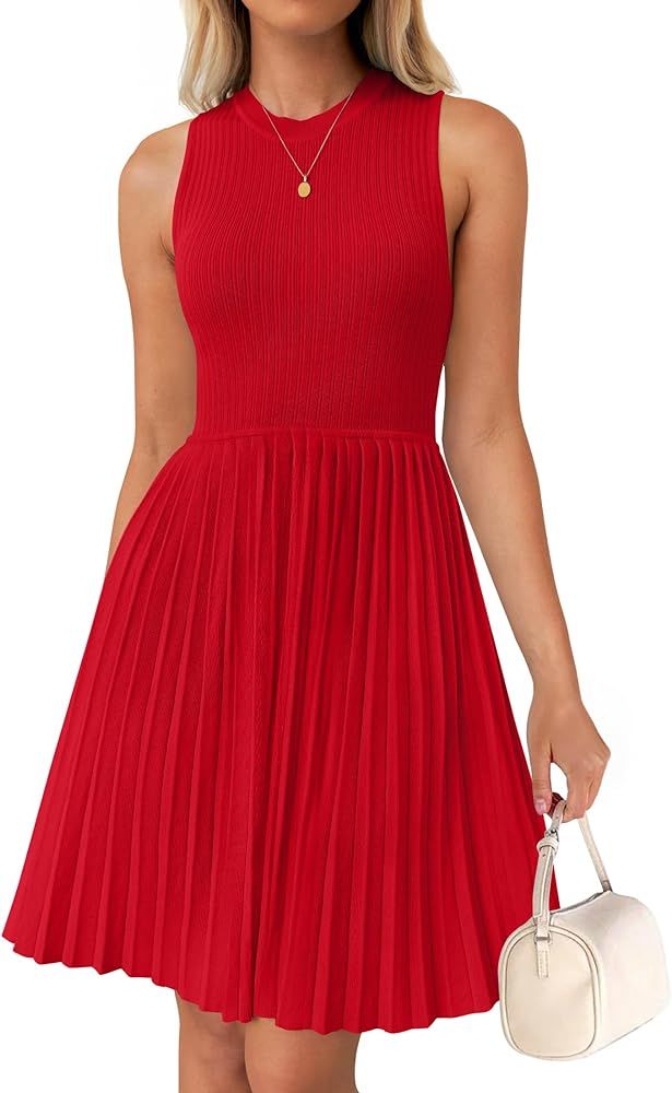 ZESICA Women's Summer Sleeveless Mini Dress 2024 Crewneck Knit A Line Pleated Swing Casual Basic ... | Amazon (US)
