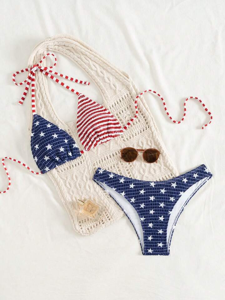 Swim Mod 2pcs/Set Women's Beach Summer Vacation Halter Backless Top And Side Strap Swim Bottom 4th Of July Bikini Set | SHEIN