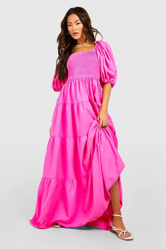 Extreme Puff Sleeve Shirred Maxi Smock Dress | boohoo (US & Canada)