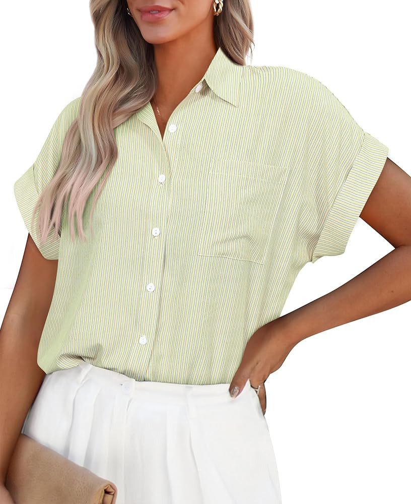 PRETTYGARDEN Striped Shirts Button Up Tops for Women 2024 Summer Short Sleeve V Neck Dressy Casua... | Amazon (US)