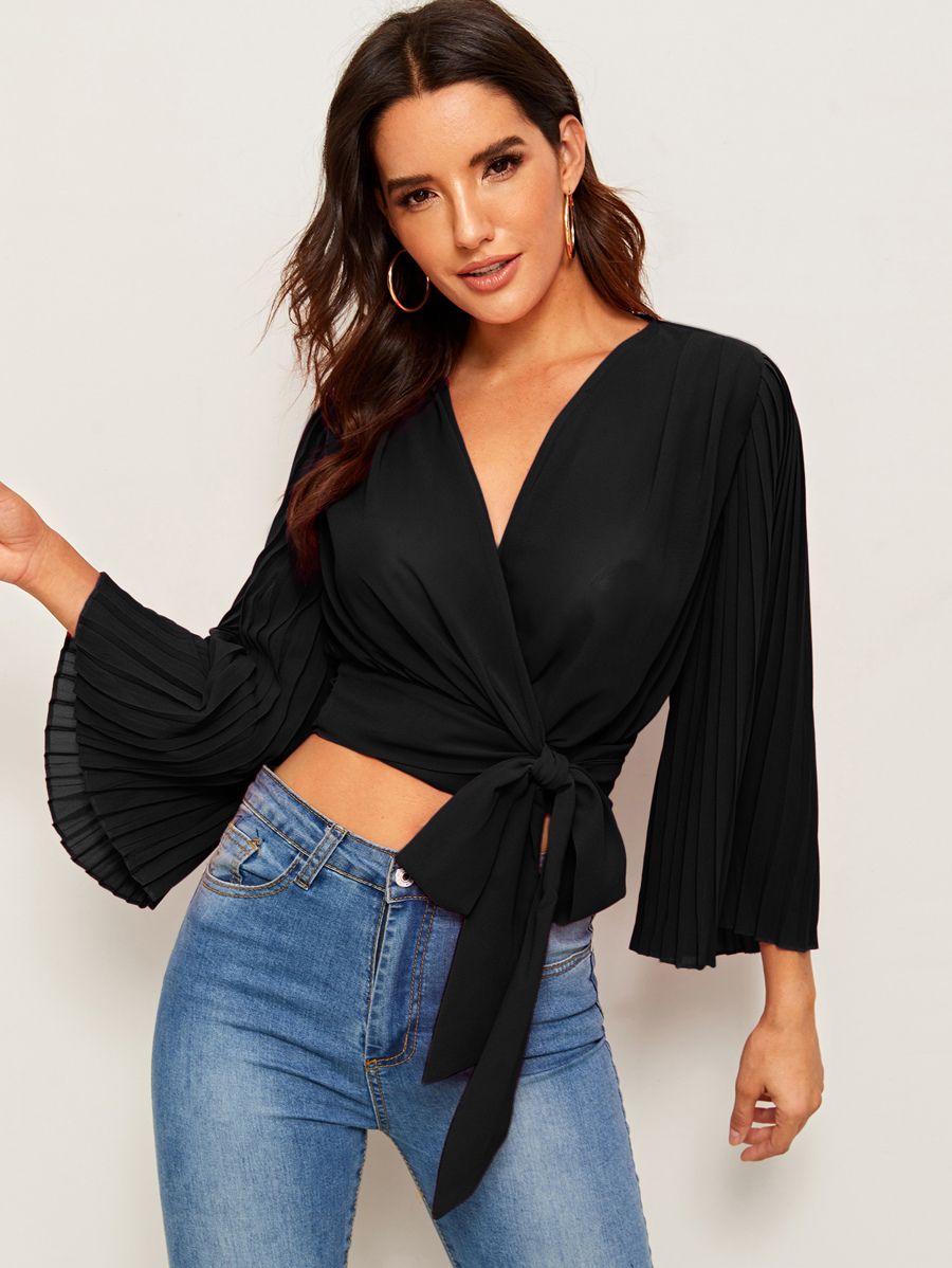 SHEIN Pleated Bell Sleeve Wrap Belted Blouse | SHEIN