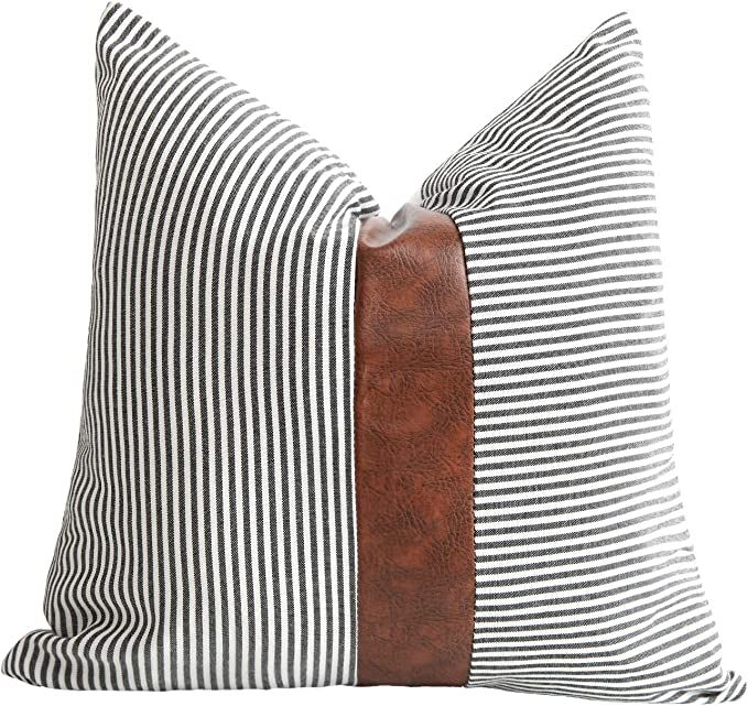 Merrycolor Farmhouse Decorative Throw Pillow Covers for Couch Sofa Stripe Faux Leather Accent Pil... | Amazon (US)