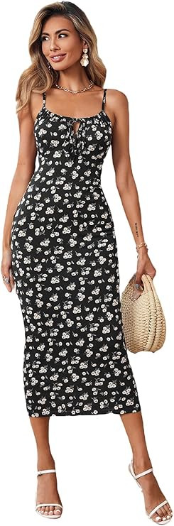 Floerns Women's Floral Print Drawstring Front Sleeveless Cami Midi Dress | Amazon (US)